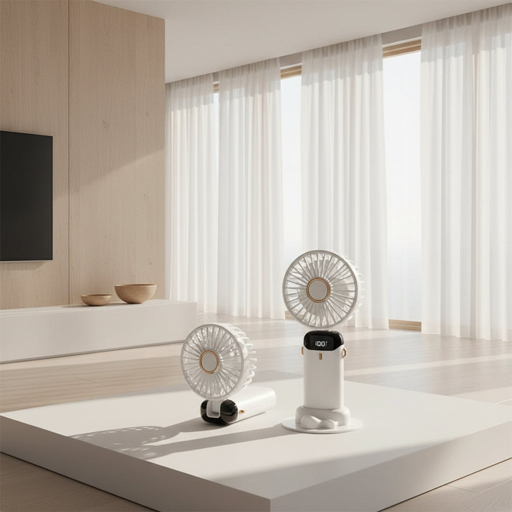 Mini ventilateur pliable posé debout sur une table, en mode support