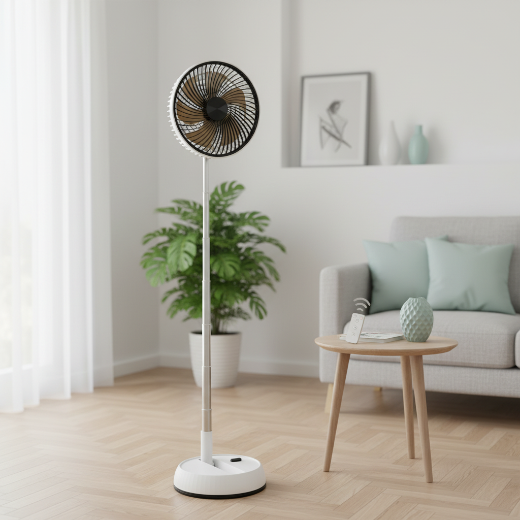 Ventilateur sur pied Fraîcio replié sur sa base compacte, prêt à ranger